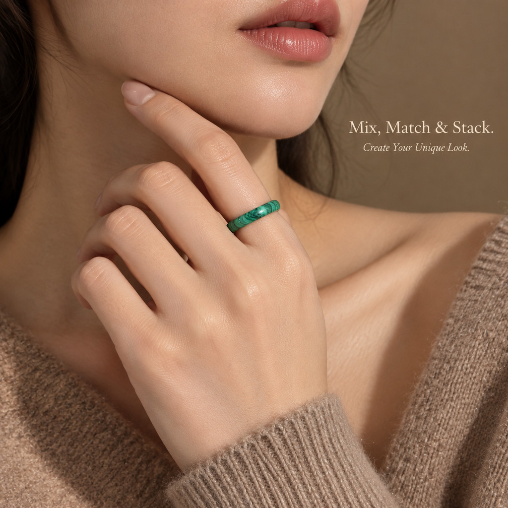 Women's Natural Malachite Stackable Ring, Elegant Minimalist